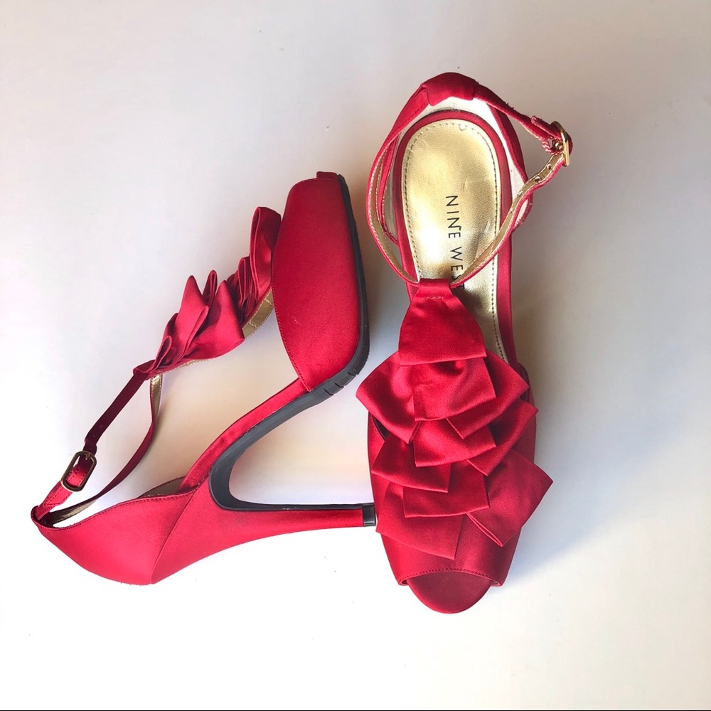 Nine West Red Satin Ruffle Peep Toe Heels